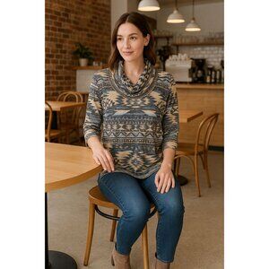 New Directions Tunic Top Small Aztec Print Cowl Neck Boho Southwestern Cozy